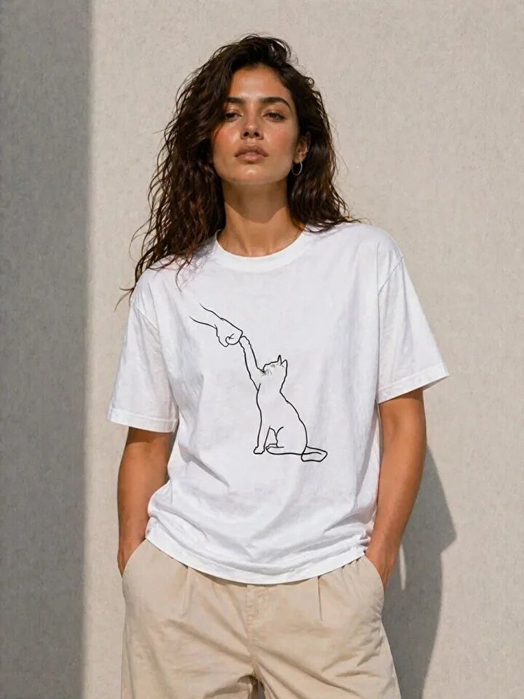 Minimal Kedi Çizim Baskılı Tişört Kısa Kol Yazlık T-Shirt - Beyaz-2