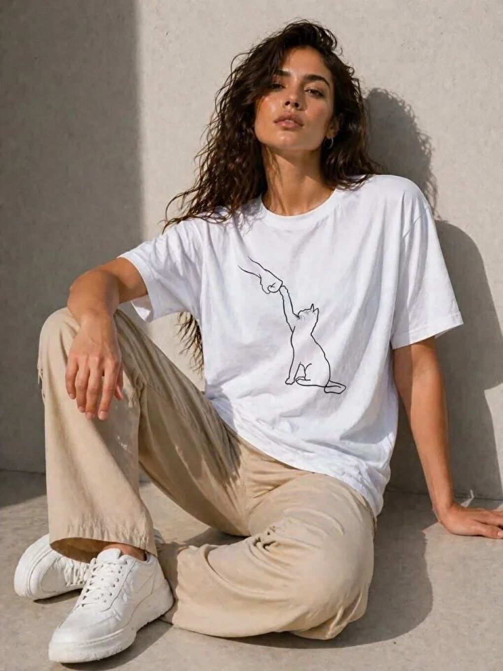 Minimal Kedi Çizim Baskılı Tişört Kısa Kol Yazlık T-Shirt - Beyaz-3