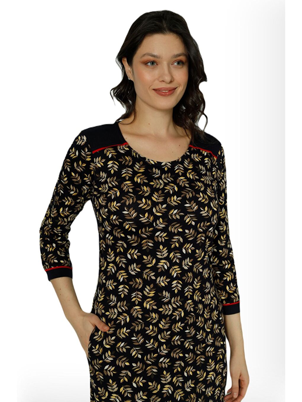 Kadın Siyah Desenli Truvakar Kollu Pamuklu Elbise-1