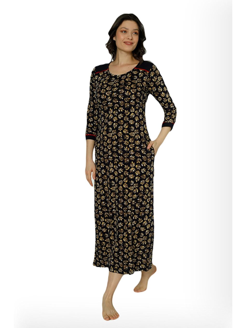 Kadın Siyah Desenli Truvakar Kollu Pamuklu Elbise-2