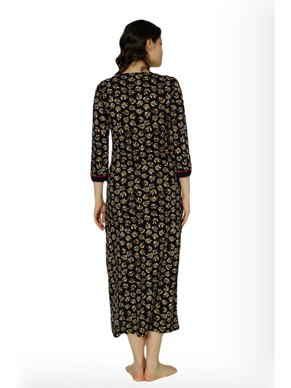 Kadın Siyah Desenli Truvakar Kollu Pamuklu Elbise-3