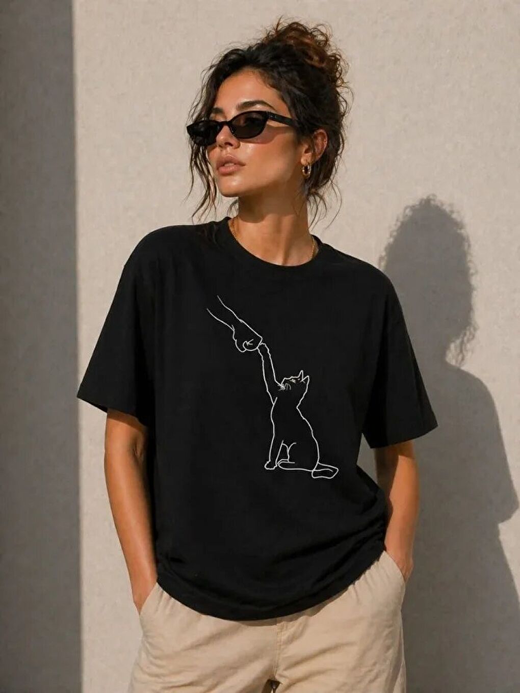Minimal Kedi Çizim Baskılı Tişört Kısa Kol Yazlık T-Shirt - Siyah-1