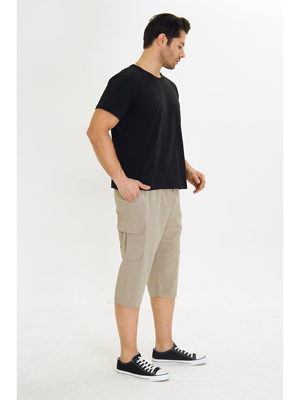Erkek Büyük Beden Stretchfit Kargo Cepli Esnek Kapri Bej-6035b-2