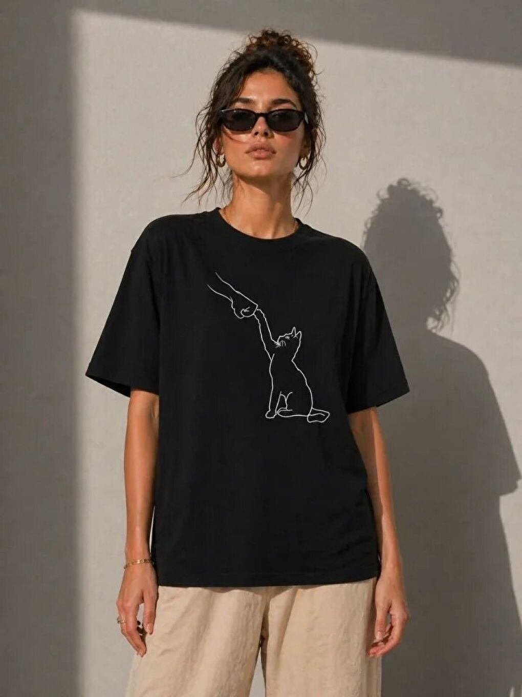 Minimal Kedi Çizim Baskılı Tişört Kısa Kol Yazlık T-Shirt - Siyah-2
