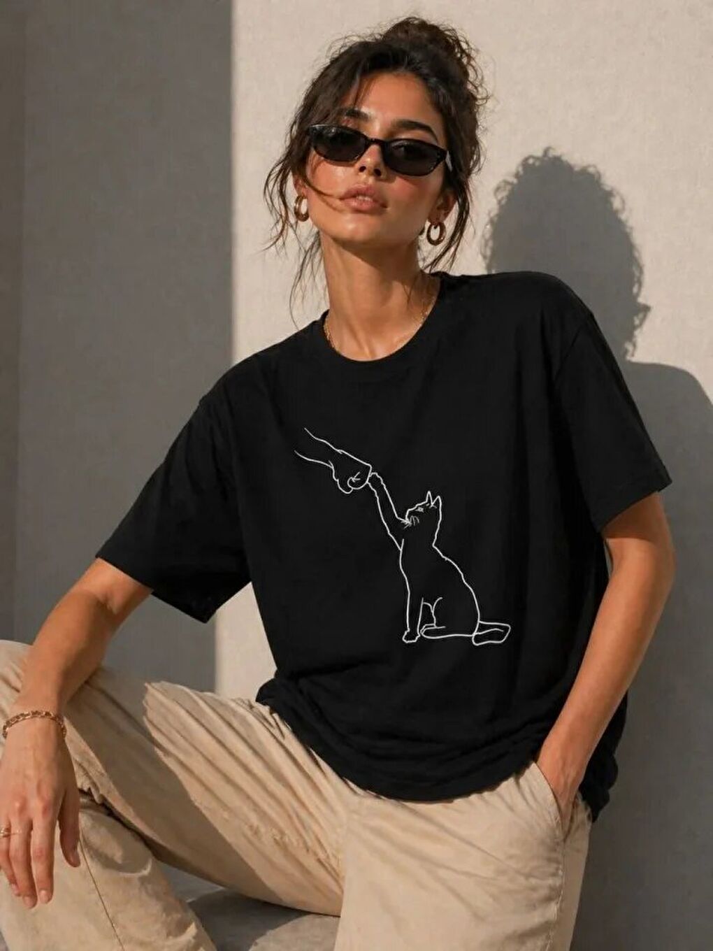 Minimal Kedi Çizim Baskılı Tişört Kısa Kol Yazlık T-Shirt - Siyah-3