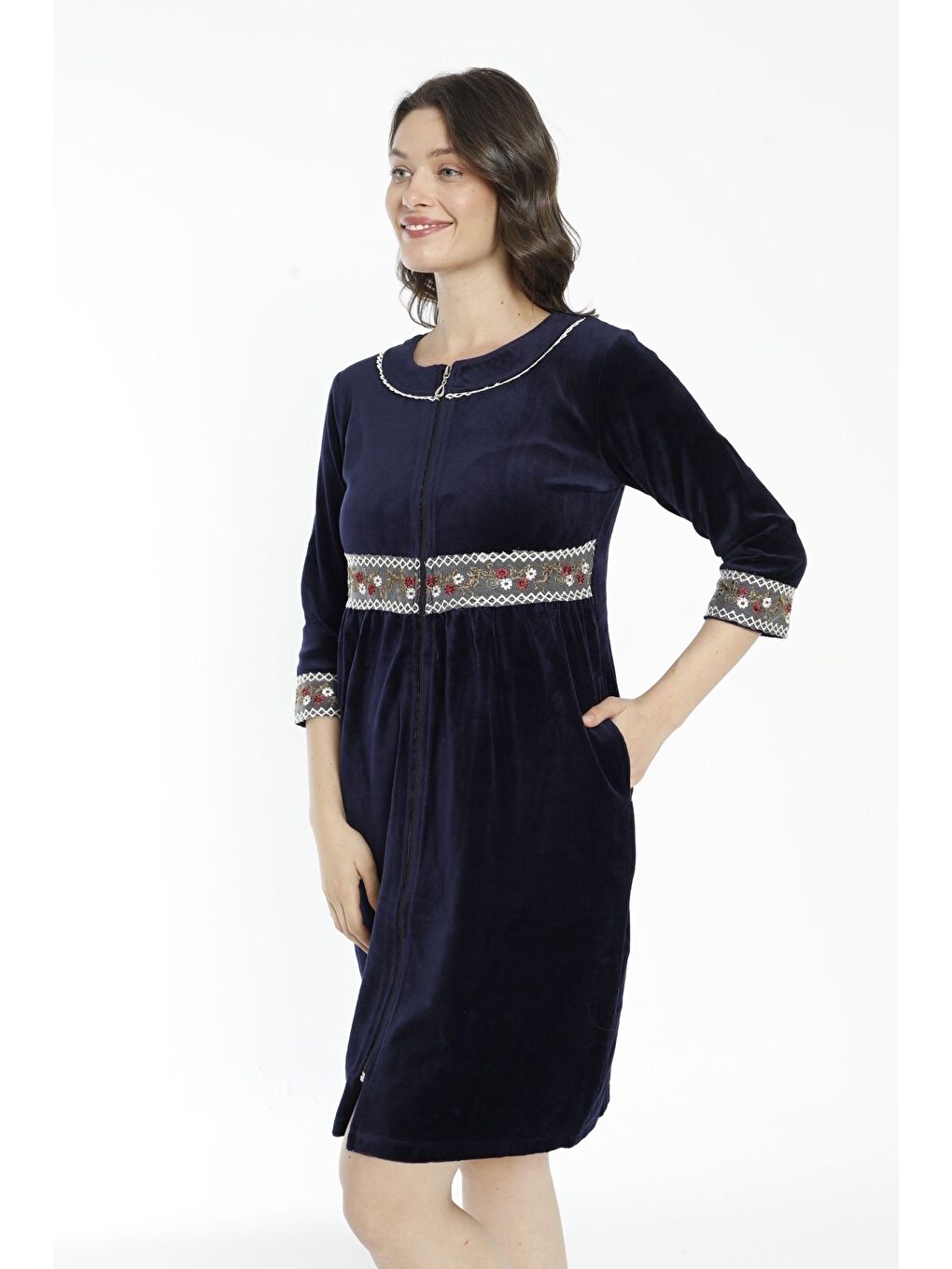 Lacivert Cepli Nakış Detaylı Pamuklu Kadife Elbise