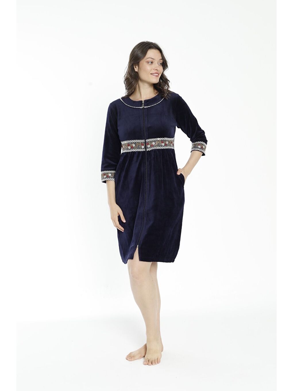 Lacivert Cepli Nakış Detaylı Pamuklu Kadife Elbise-1