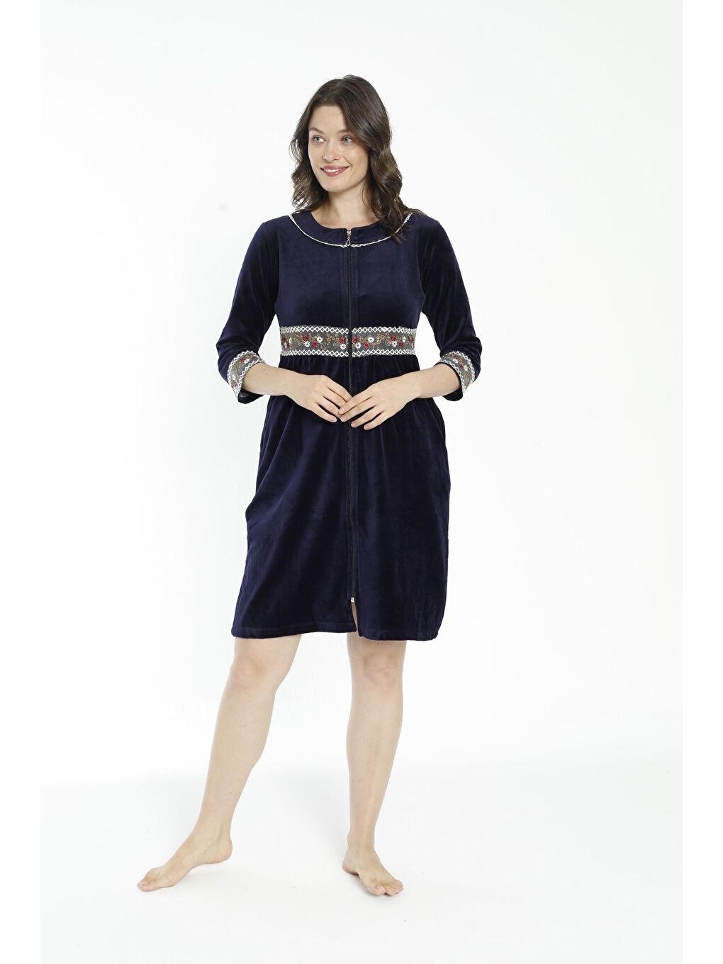 Lacivert Cepli Nakış Detaylı Pamuklu Kadife Elbise-2