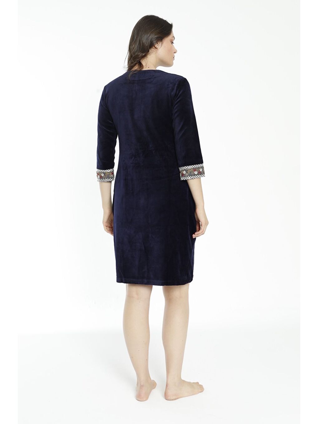 Lacivert Cepli Nakış Detaylı Pamuklu Kadife Elbise-4