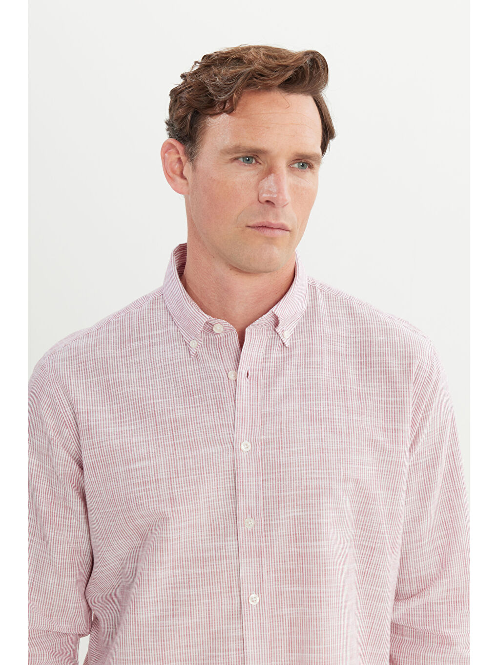 Erkek Bordo %100 Pamuk Comfort Fit Rahat Kesim Düğmeli Yaka Çizgili Gömlek-3