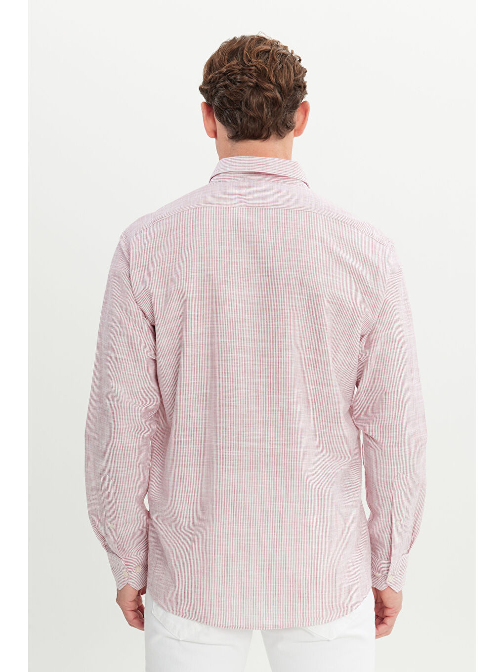 Erkek Bordo %100 Pamuk Comfort Fit Rahat Kesim Düğmeli Yaka Çizgili Gömlek-4