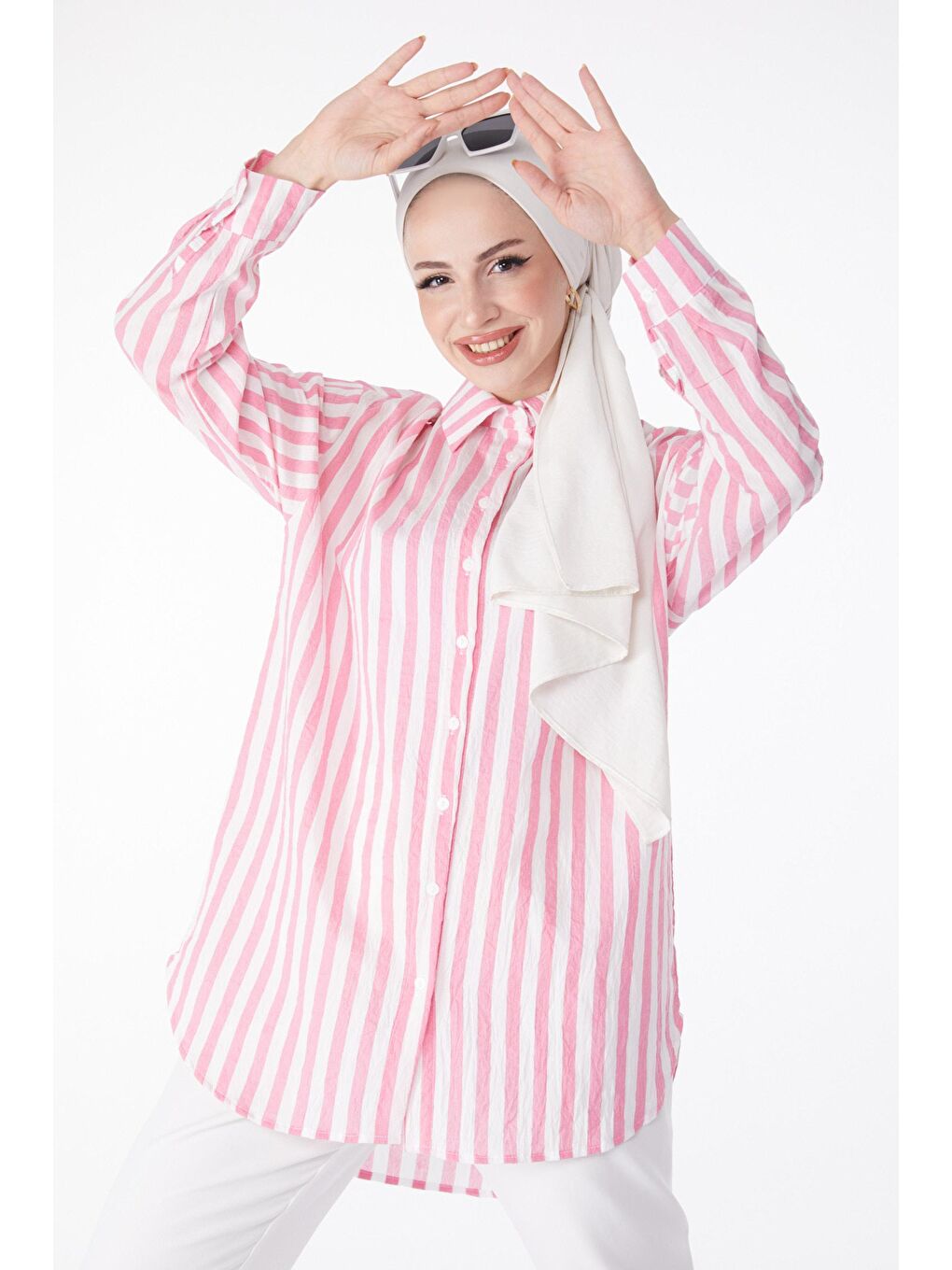 Gömlek Yaka Kadın Pembe Çizgili Tunik - 13172