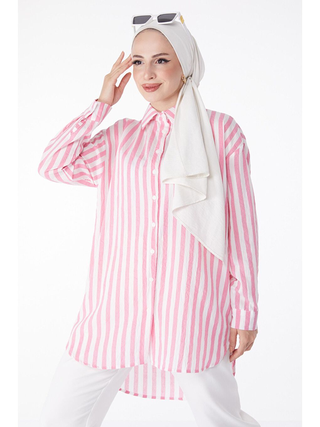 Gömlek Yaka Kadın Pembe Çizgili Tunik - 13172-1