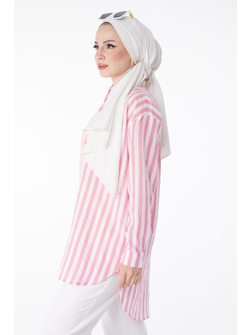 Gömlek Yaka Kadın Pembe Çizgili Tunik - 13172-2