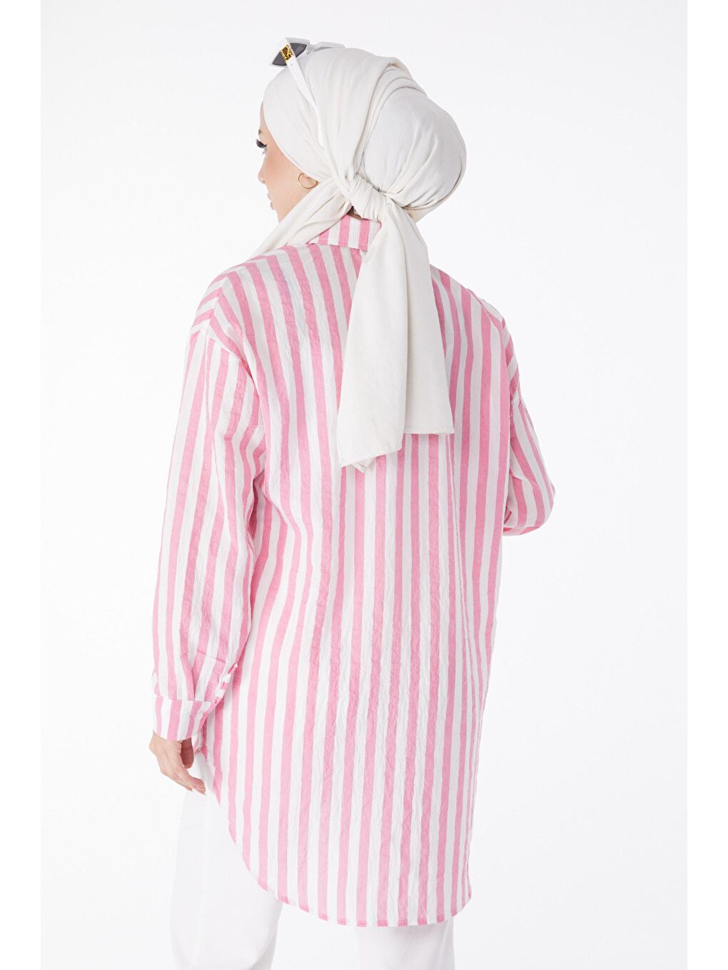 Gömlek Yaka Kadın Pembe Çizgili Tunik - 13172-3