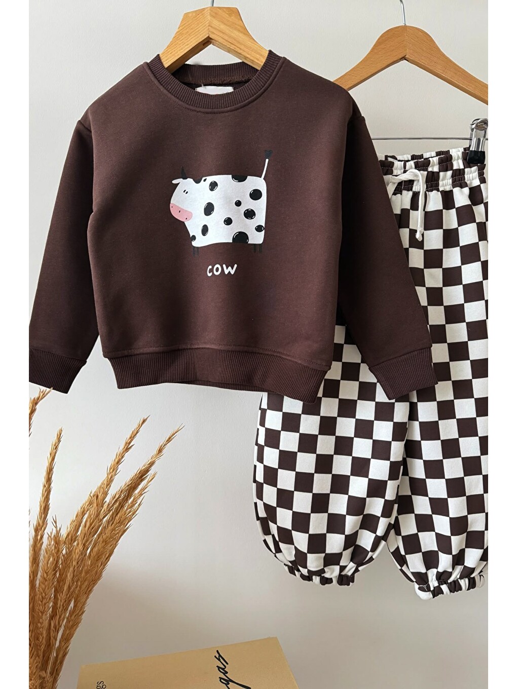 Unisex Çocuk İnek Baskılı Kahverengi Sweatshirt Ve Dama Baskılı Eşofman Takım-3