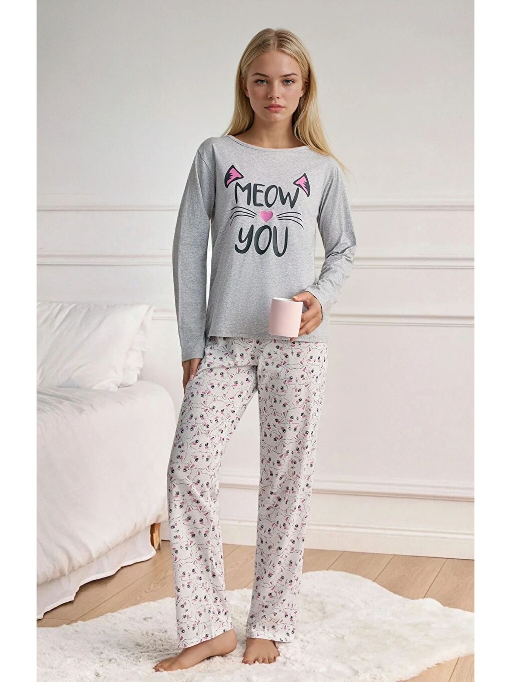 Gri Meow You Kadın Kedi Baskı Pijama Takımı