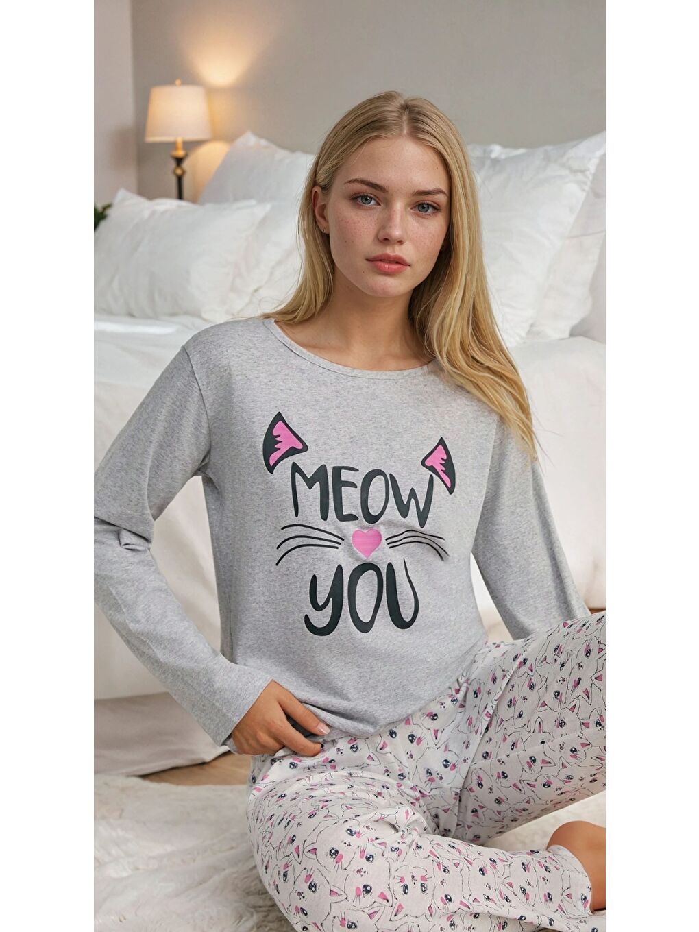 Gri Meow You Kadın Kedi Baskı Pijama Takımı-1