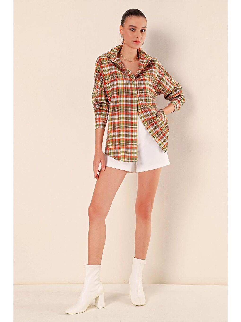 Kırmızı 3900 Oversize Uzun Basic Gömlek - B. Kiremit-1