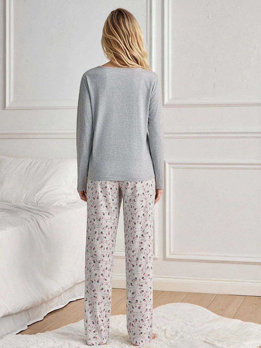 Gri Meow You Kadın Kedi Baskı Pijama Takımı-2