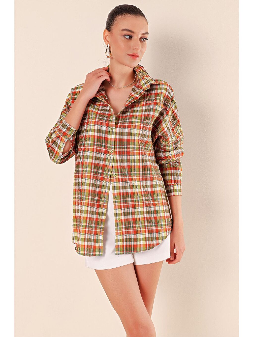 Kırmızı 3900 Oversize Uzun Basic Gömlek - B. Kiremit-3