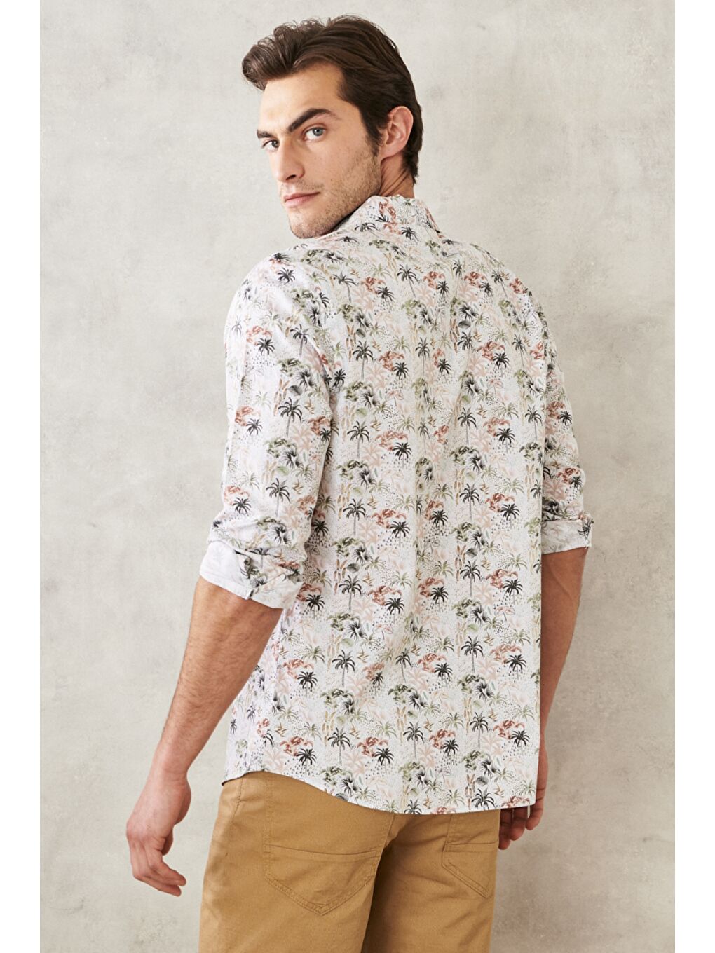 Erkek Beyaz-Haki Slim Fit Dar Kesim Mono Yaka %100 Pamuk Baskılı Gömlek-4