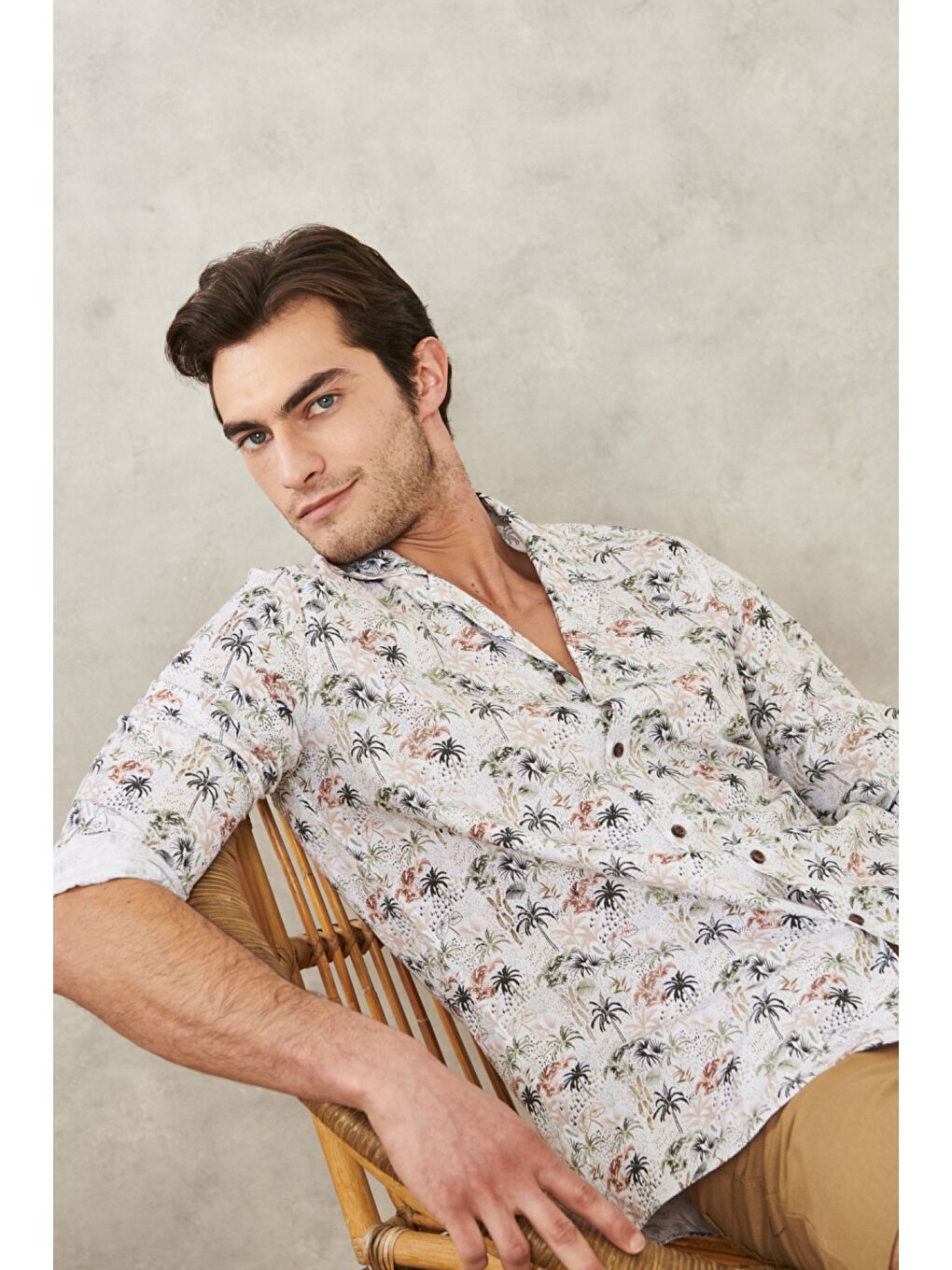 Erkek Beyaz-Haki Slim Fit Dar Kesim Mono Yaka %100 Pamuk Baskılı Gömlek-5