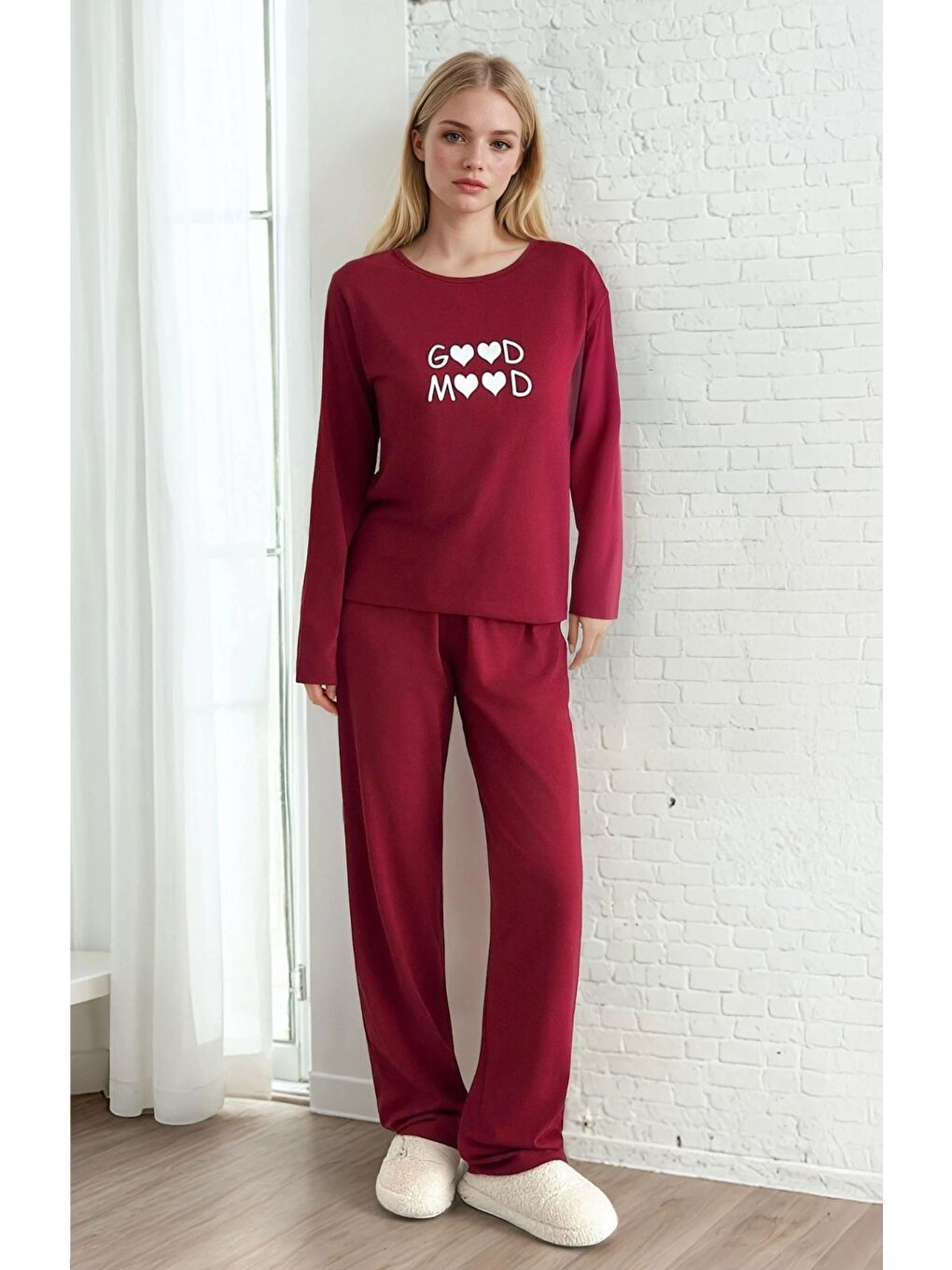Good Mood Baskılı Bordo Kadın Pijama Takımı