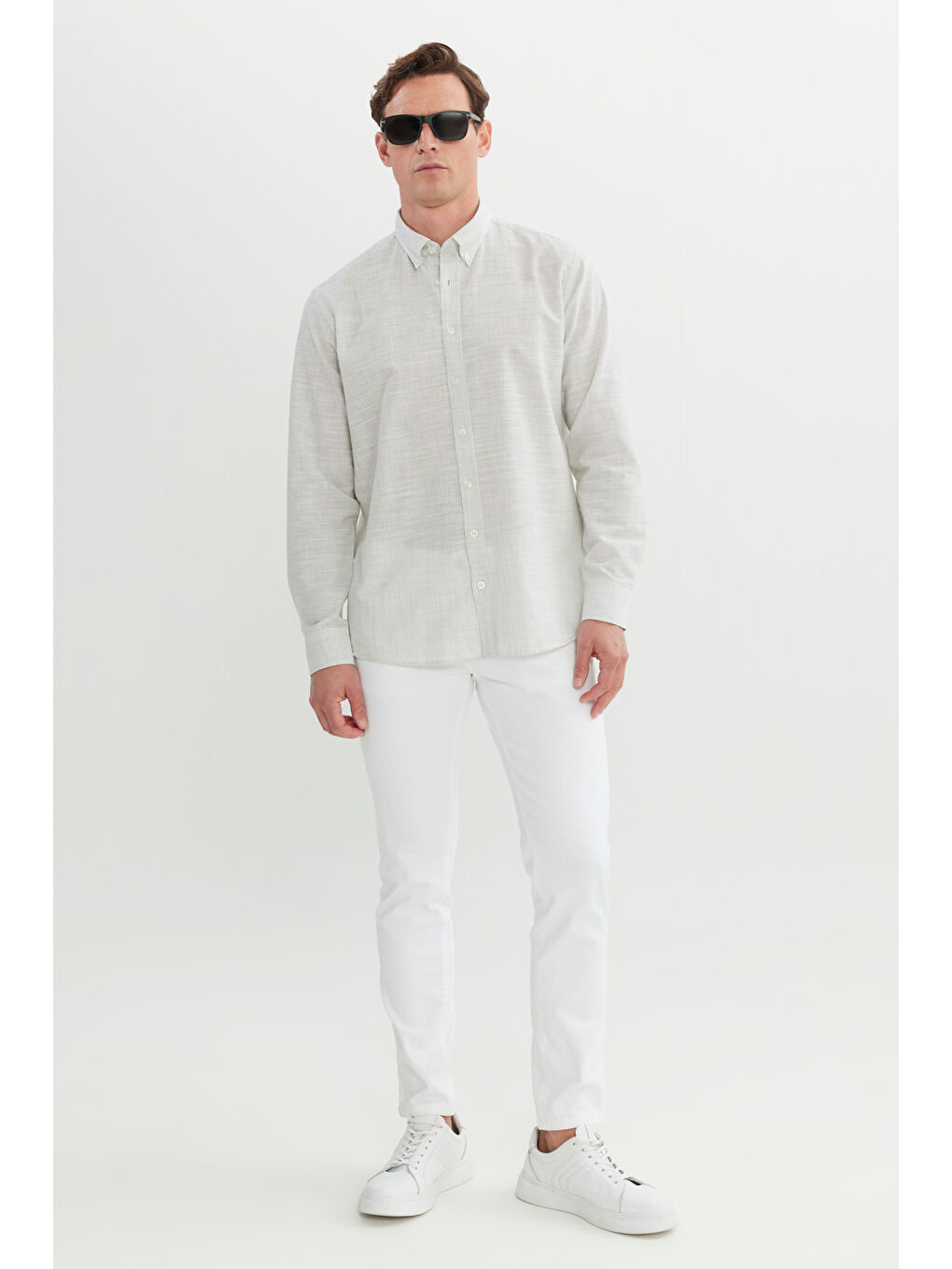 Erkek Haki %100 Pamuk Comfort Fit Rahat Kesim Düğmeli Yaka Çizgili Gömlek-1