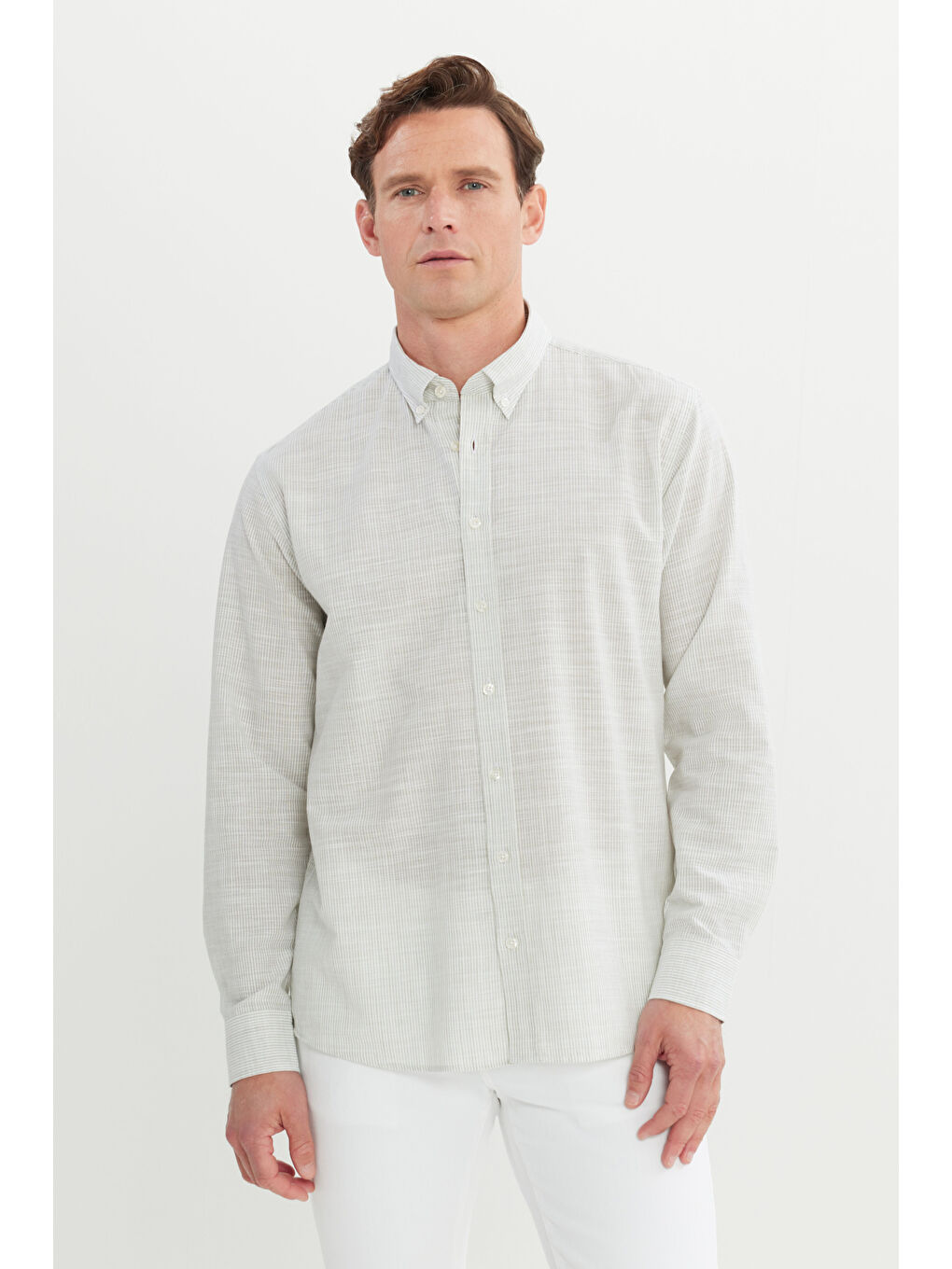 Erkek Haki %100 Pamuk Comfort Fit Rahat Kesim Düğmeli Yaka Çizgili Gömlek-2