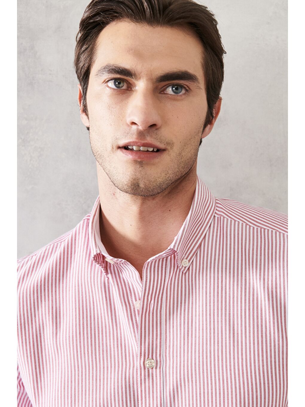 Erkek Beyaz-Bordo Slim Fit Dar Kesim Düğmeli Yaka Çizgili Gömlek-2