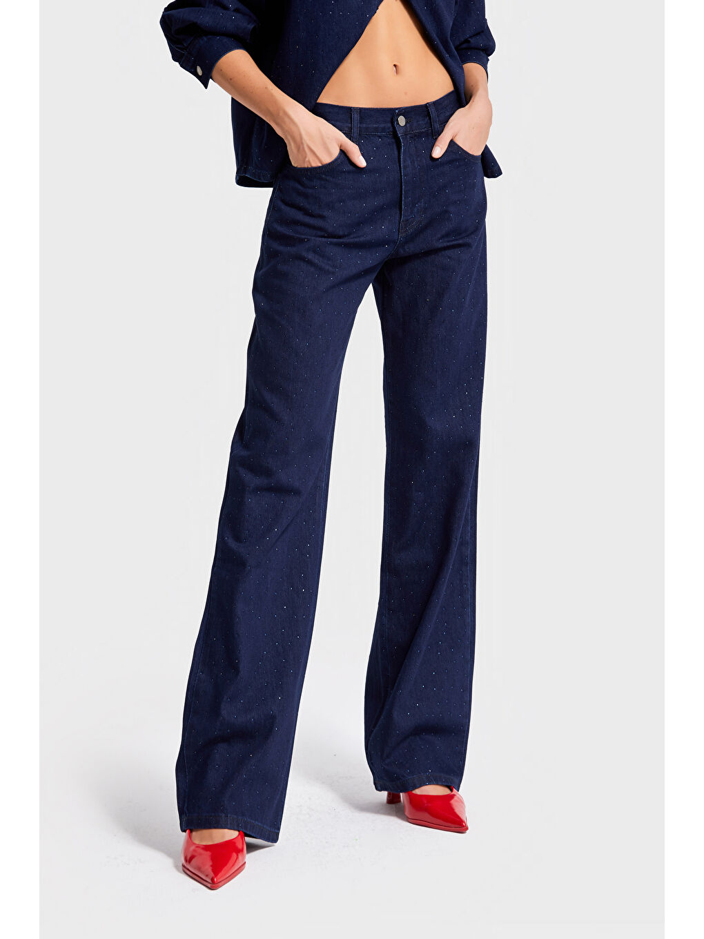 Kadın Laci İndigo Renk 7w5-50 Loose Fit Parlak Taş Detaylı İç Boy 80cm Özel Tasarım Denim Jean