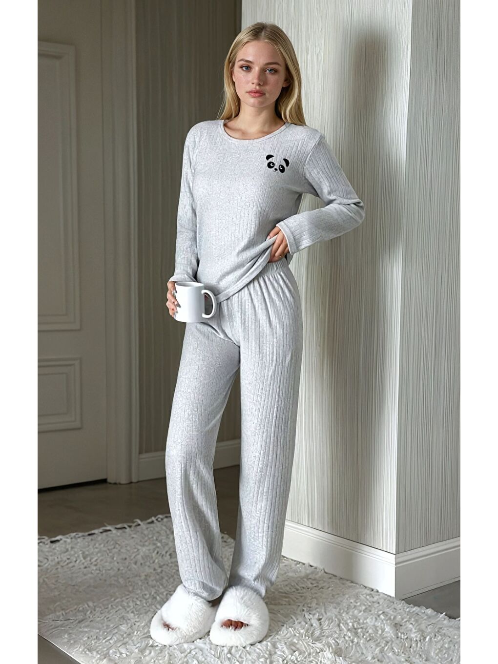 Gri Panda Soft Kadın Ribanalı Pijama Takımı-1