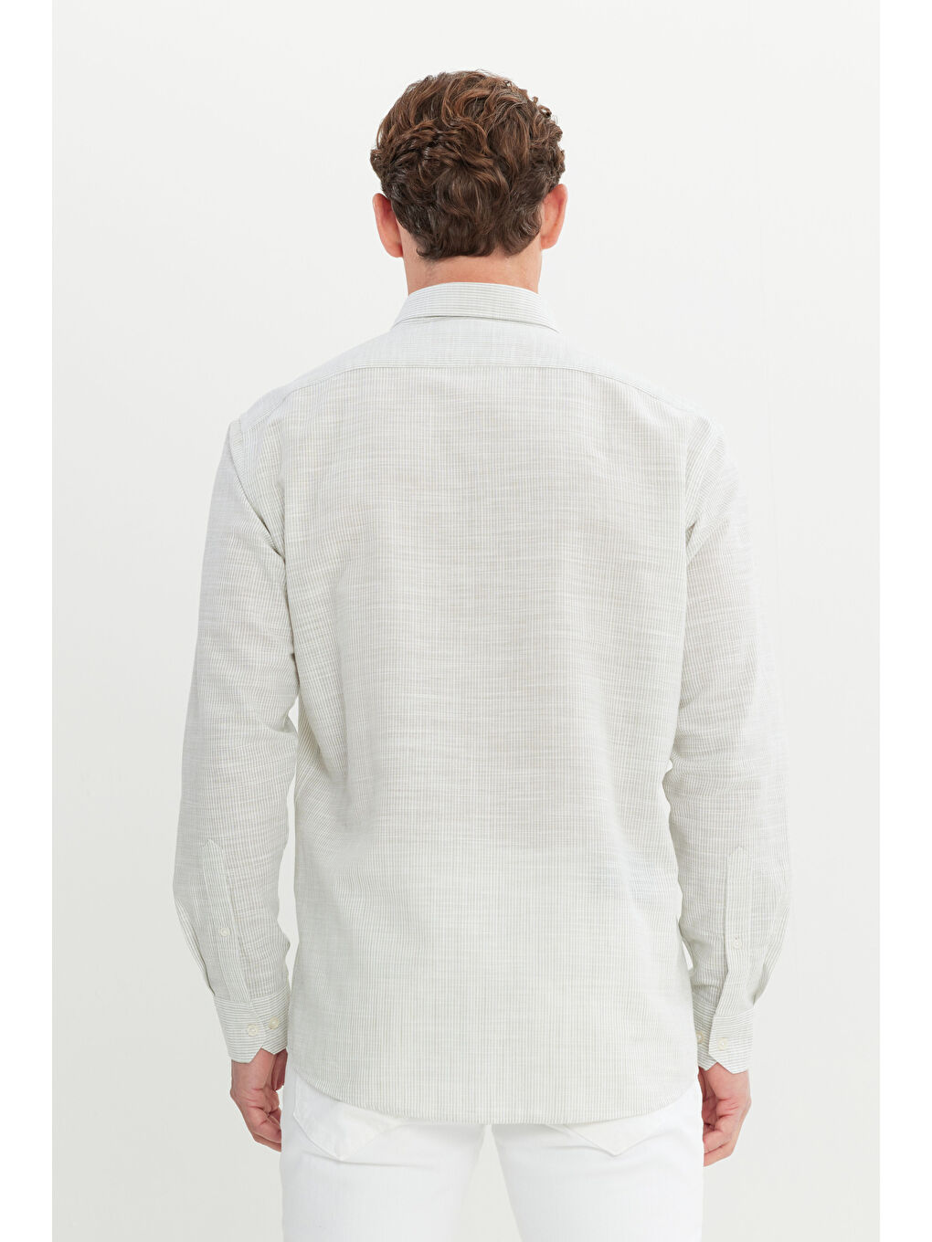 Erkek Haki %100 Pamuk Comfort Fit Rahat Kesim Düğmeli Yaka Çizgili Gömlek-4