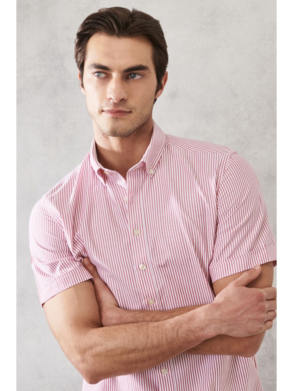 Erkek Beyaz-Bordo Slim Fit Dar Kesim Düğmeli Yaka Çizgili Gömlek-4