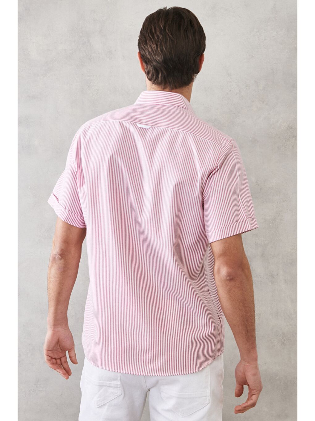 Erkek Beyaz-Bordo Slim Fit Dar Kesim Düğmeli Yaka Çizgili Gömlek-6