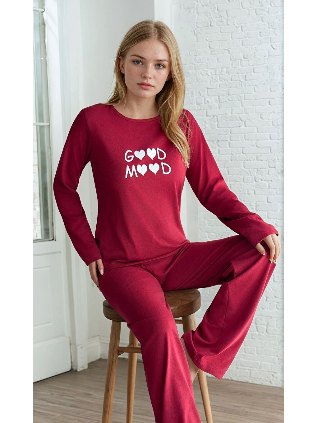 Good Mood Baskılı Bordo Kadın Pijama Takımı-1