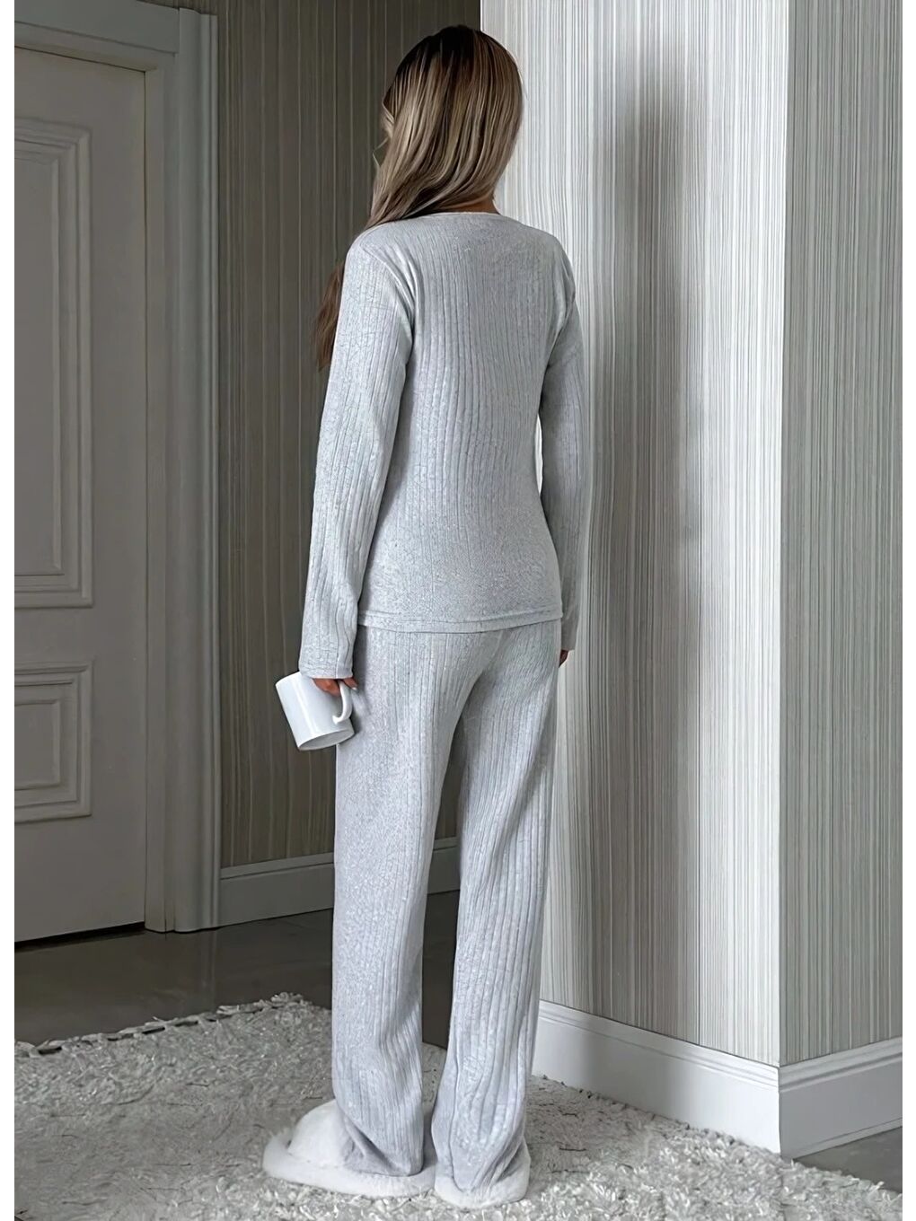 Gri Panda Soft Kadın Ribanalı Pijama Takımı-2