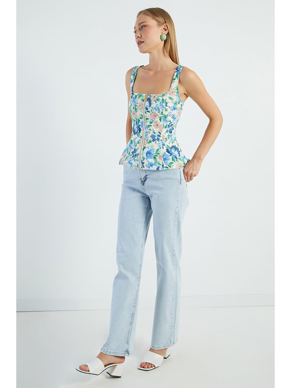 Mavi Yüksek Bel Straight Jean-4
