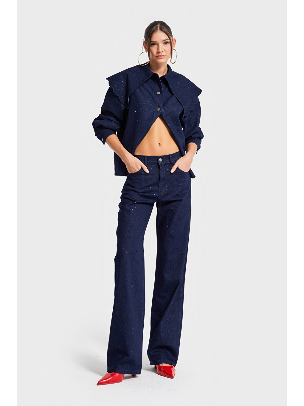 Kadın Laci İndigo Renk 7w5-50 Loose Fit Parlak Taş Detaylı İç Boy 80cm Özel Tasarım Denim Jean-1