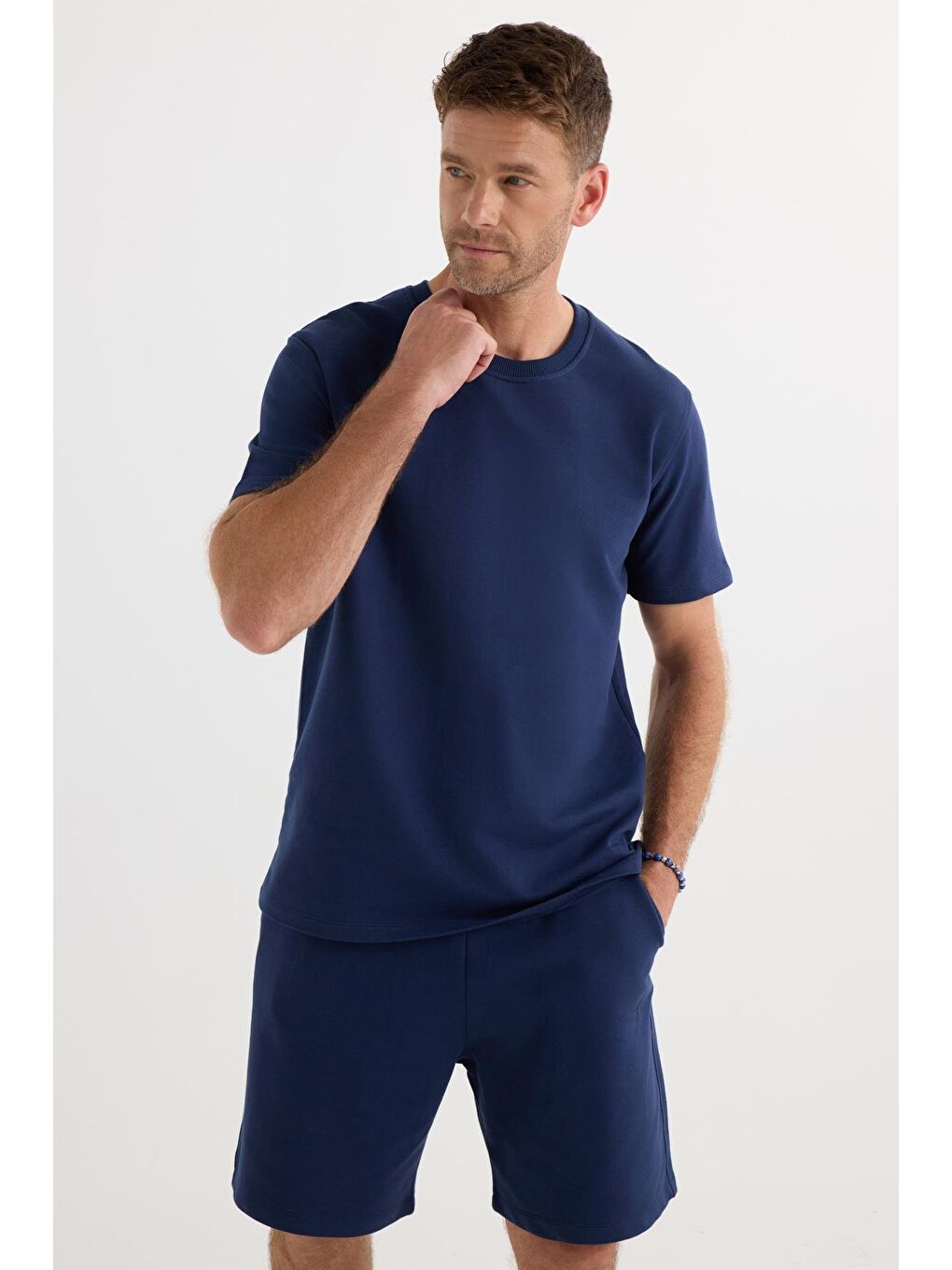 Relax Fit Rahat Kesim %100 Pamuk Hafif Kalın Özel Tasarım Erkek Lacivert Şortlu Eşofman Takım-4