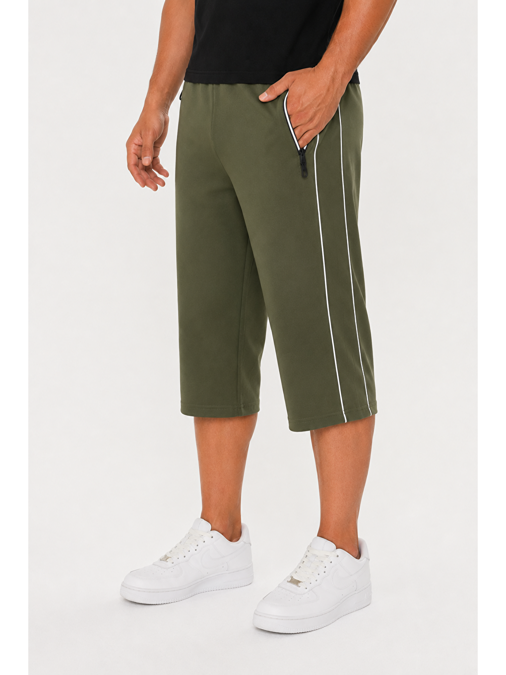 Büyük Beden Erkek Pamuklu Şerit Detaylı Kapri Haki-6077b