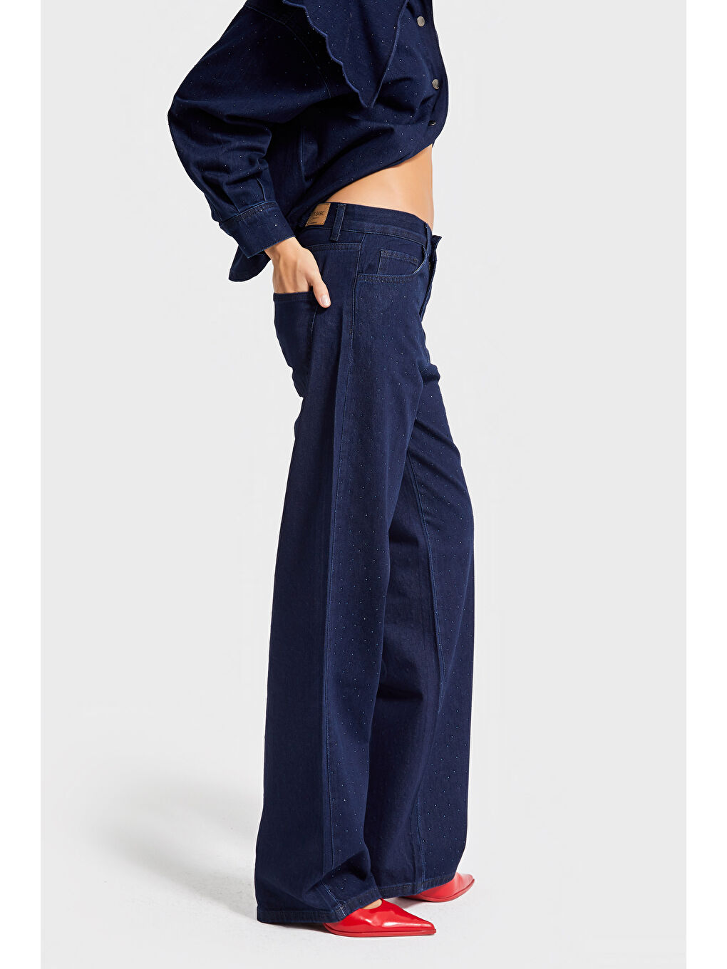 Kadın Laci İndigo Renk 7w5-50 Loose Fit Parlak Taş Detaylı İç Boy 80cm Özel Tasarım Denim Jean-2