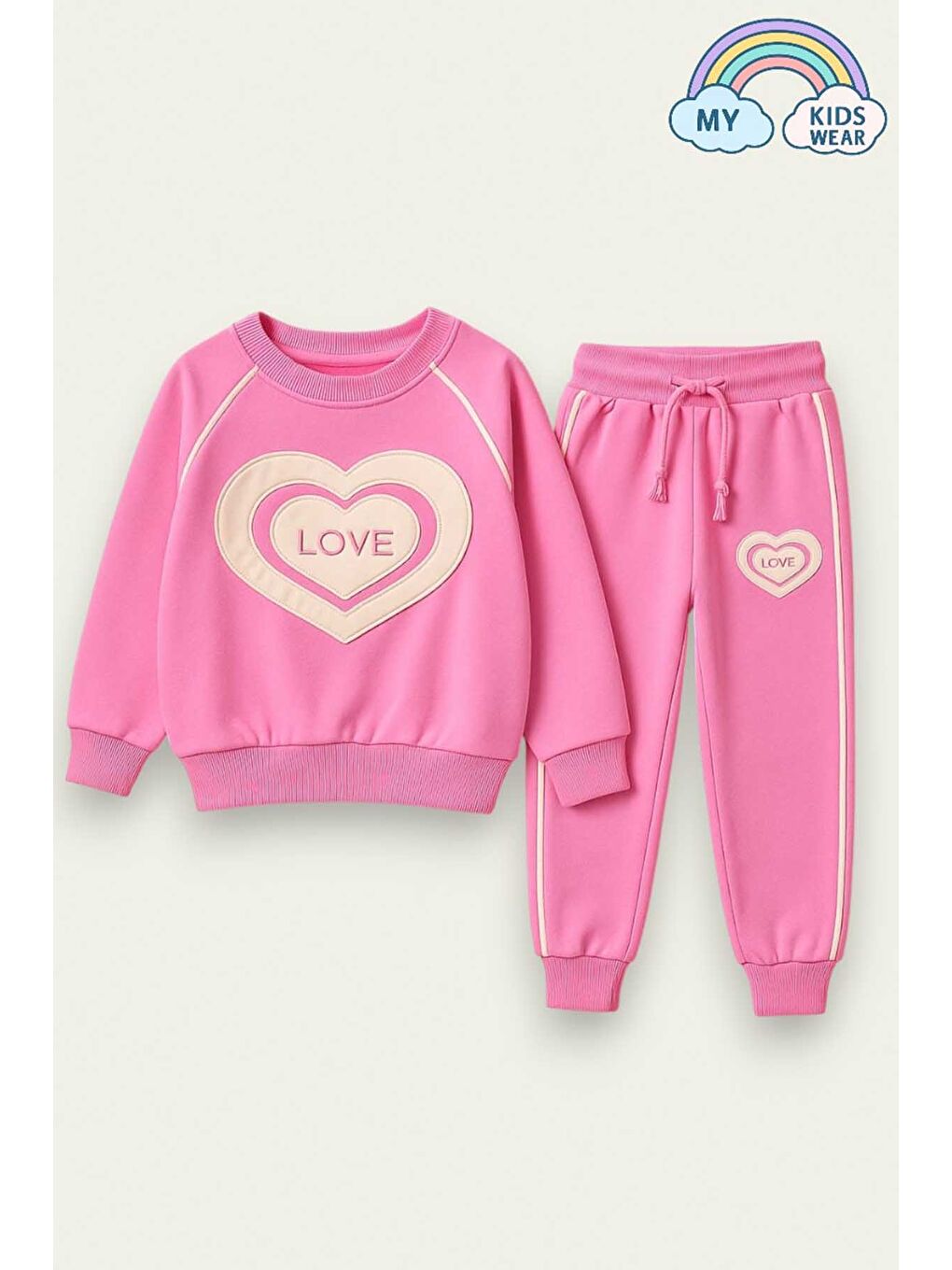 Pembe Kız Çocuk Kalpli Okul Eşofmanı – Love Desenli 3-10 Yaş 12043