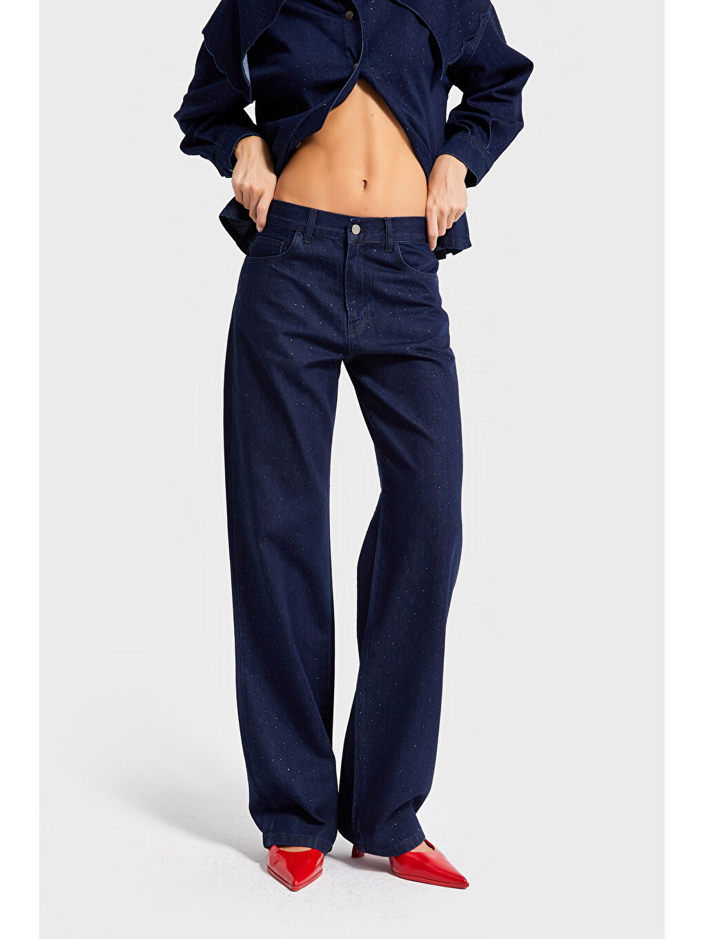 Kadın Laci İndigo Renk 7w5-50 Loose Fit Parlak Taş Detaylı İç Boy 80cm Özel Tasarım Denim Jean-3