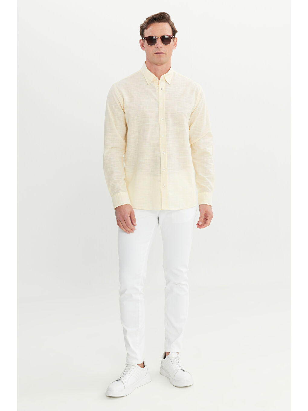 Erkek Sarı %100 Pamuk Comfort Fit Rahat Kesim Düğmeli Yaka Çizgili Gömlek-1