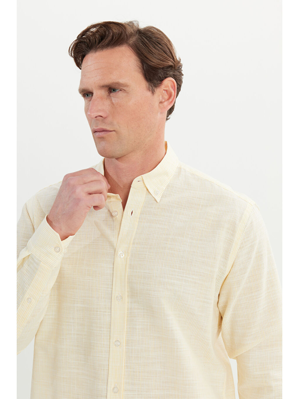 Erkek Sarı %100 Pamuk Comfort Fit Rahat Kesim Düğmeli Yaka Çizgili Gömlek-3