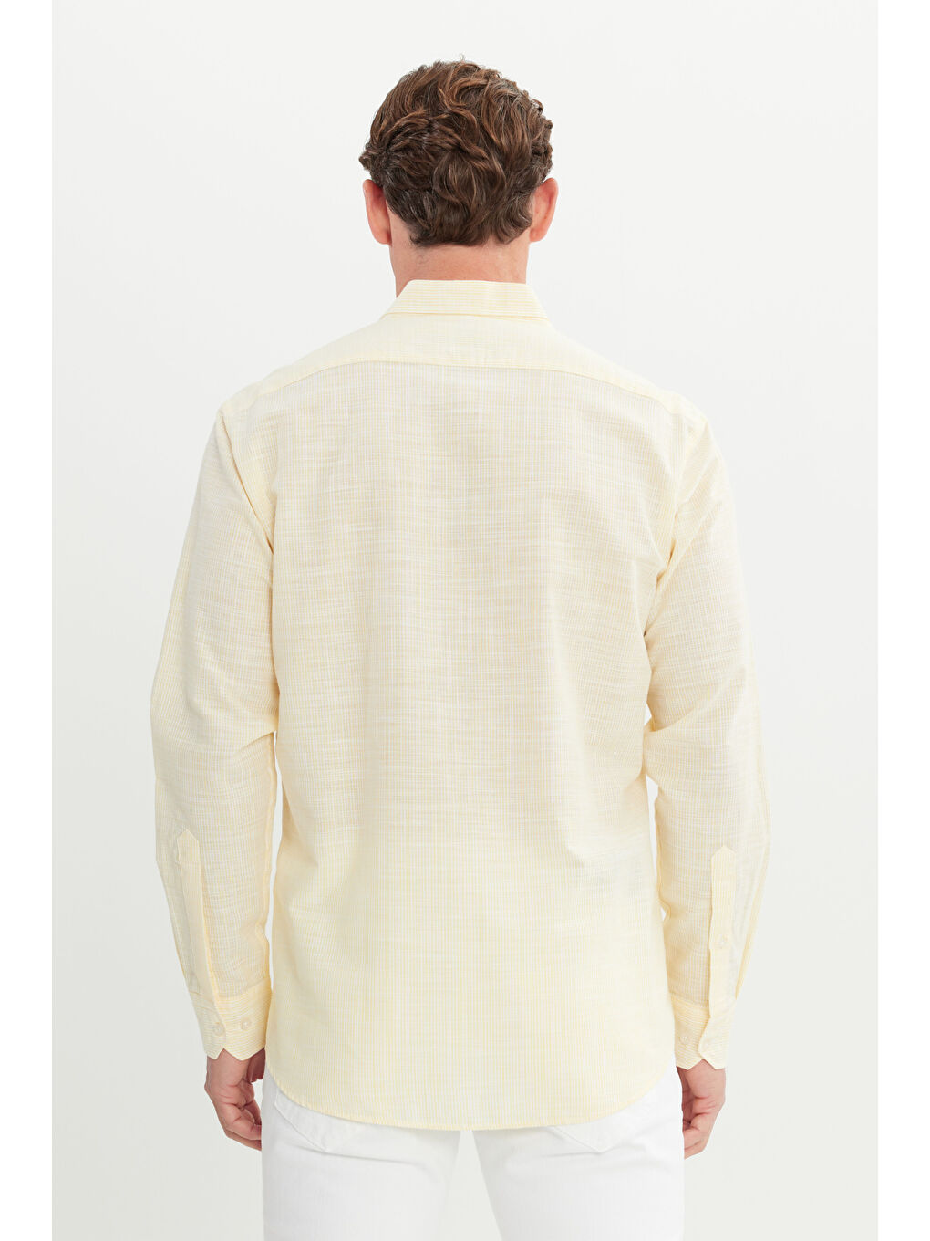 Erkek Sarı %100 Pamuk Comfort Fit Rahat Kesim Düğmeli Yaka Çizgili Gömlek-4