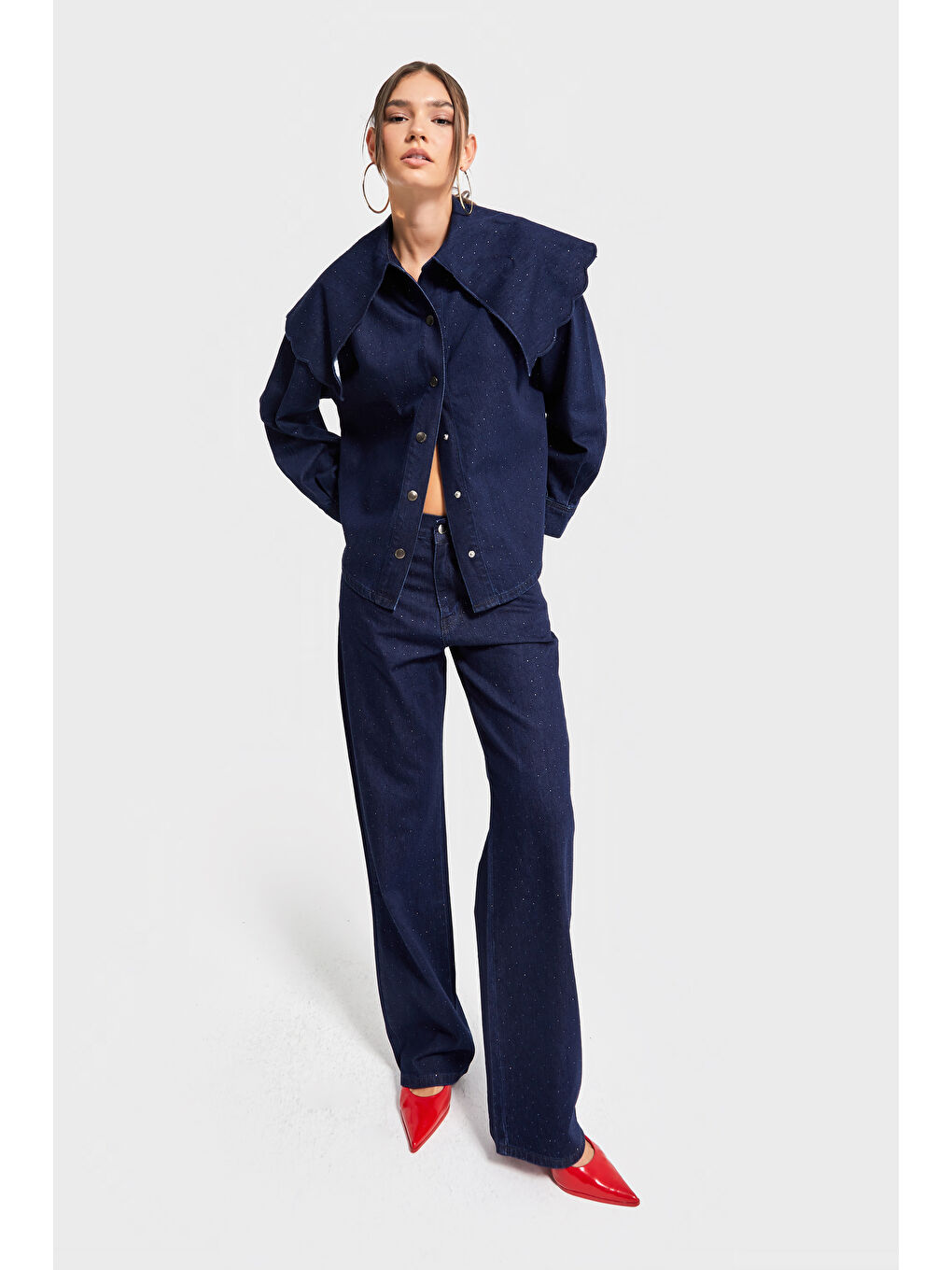 Kadın Laci İndigo Renk 7w5-50 Loose Fit Parlak Taş Detaylı İç Boy 80cm Özel Tasarım Denim Jean-4