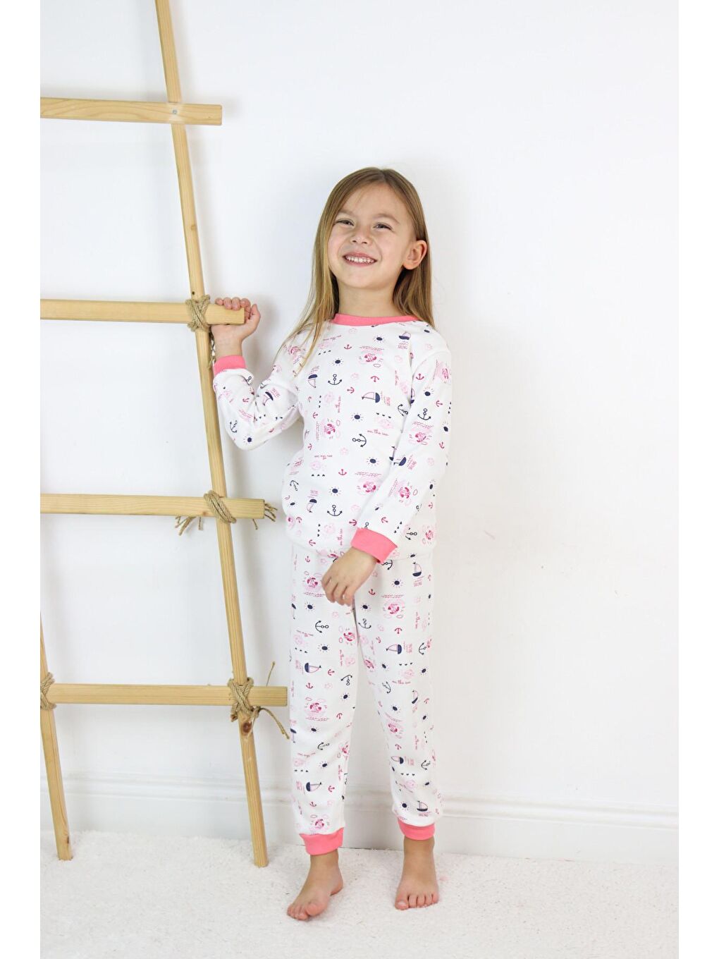 Harika KIDS Ekru Kız Çocuk Interlok Kumaş Örme Basic Baskılı Pijama Takımı - 5